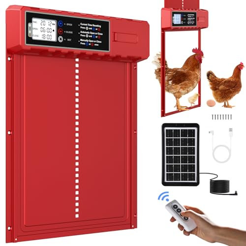 FabStyl Porte Automatique Poulailler Solaire Grande Taille 27.5x36cm avec Télécommande&USB-C Cable,Porte Poulailler Rouge en Aluminium Étanche,3 Modes,Affichage LED,Sécurité Anti-Pincement,Minuterie
