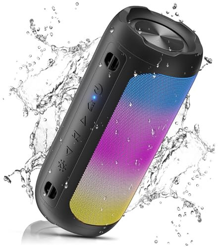 VOSFEEL Altavoz Bluetooth Estéreo Inalámbrico portátil, Caja de Música Electrónica con luz Batería de 30H de Vida PX7 Resistente al Agua para Smartphone o Tablet, Auxiliar, Tarjeta TF, 2025
