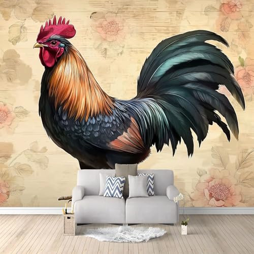 Schwarzer Hahn Pastell Aquarell Fototapete 300 x 210 cm (B x H) XXL Wohnzimmer Schlafzimmer Wanddeko, Gelb Vlies Wandtapete Poster Deko,Korridor TV-Hintergrundwand 3D Effekt Tapete