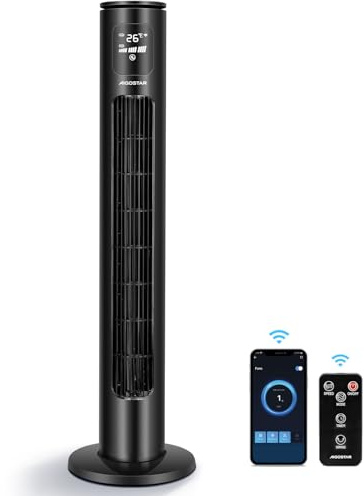 Aigostar Smart Turmventilator mit Fernbedienung 97cm, WiFi App & Alexa Sprachsteuerung Google Assistant, 24H Timer, 70° Oszillation Tower Ventilator Leise, LED-Display, 3 Geschwindigkeiten, Schwarz