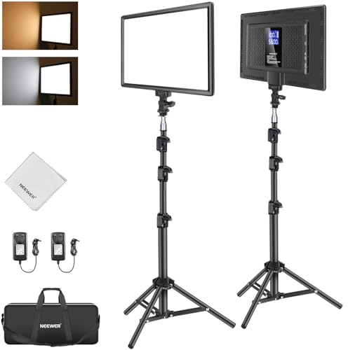 NEEWER 13 LED Video Light Panel Photography Lighting Kit with Tripod Stand & Cleaning Cloth, 2 Pack 8000mAh Dimmable Bi Color Studio Key Lights 3200K-5600K CRI97+ 2400Lux for Live Streaming Recording