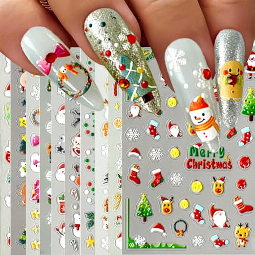 GWAWG 10 Blatt Weihnachts-Nagelkunst-Aufkleber, 3D-Reliefskulptur Rentier Weihnachtsmann Schneemann Schneeflocke Selbstklebende Aufkleber Nagelzubehör Design Dekoration Zubehör für Erwachsene