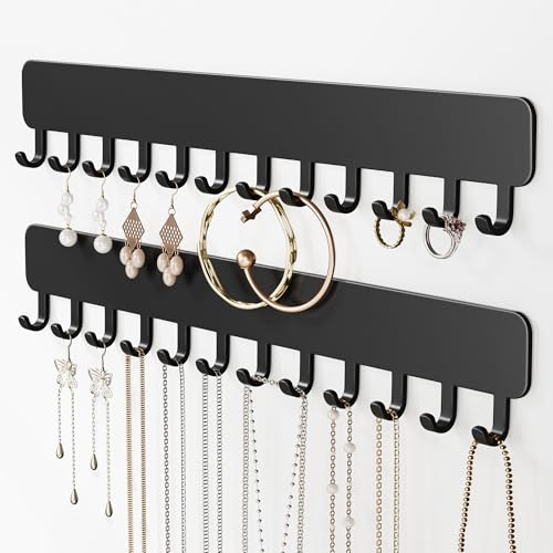 Josmimic Lot de 2 organiseurs de bijoux muraux auto-adhésifs avec crochets pour colliers, bracelets, boucles d'oreilles - Solution d'exposition et de rangement pour femmes - Noir