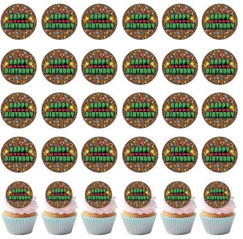 SAVITA 30stk Runder Essbarer Pixel-Kuchenaufsatz, 5cm Videospiel-Motiv Pixel-Design Essbare Happy Birthday Schriftzüge Vorgeschnittene Tortendekoration für Jungen und Mädchen Partyzubehör