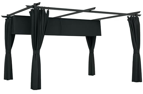 Outsunny Pergola 4 x 3 m avec Auvent Rétractable et Rideaux, Tonnelle Extérieure UPF30+ pour Jardin, Patio, Terrasse, Gris foncé