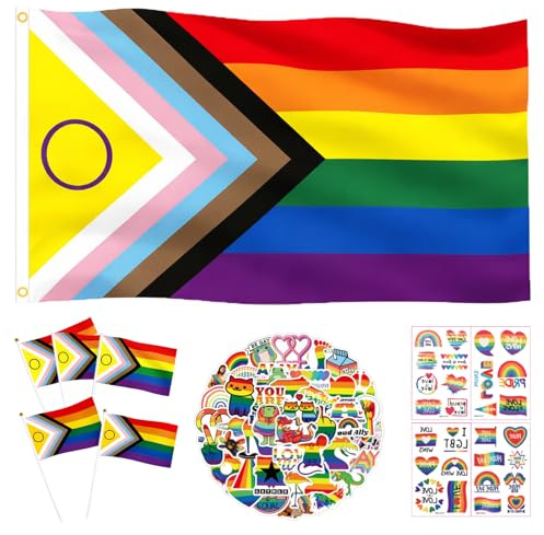 Oiomniv Progress Pride Flag Set, 150x90 cm LGBTQ Flagge 5 Mini LGBTQ Handfahne Flaggen, 50 Stück Sticker 28 Tattoos, Regenbogen Flagge für Indoor, Outdoor, LGBTQ, Pride Events, Paraden, Dekorationen