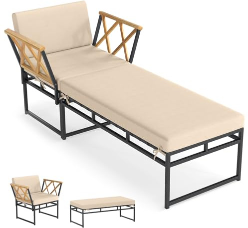 COSTWAY Tumbona Jardin Exterior, Cojín y Apoyabrazos de Madera de Acacia, 1 Sillon y 1 Banco, 175x 75 x 66cm, Sillón con Otomana Piscina Terraza Playa Jardin Exterior