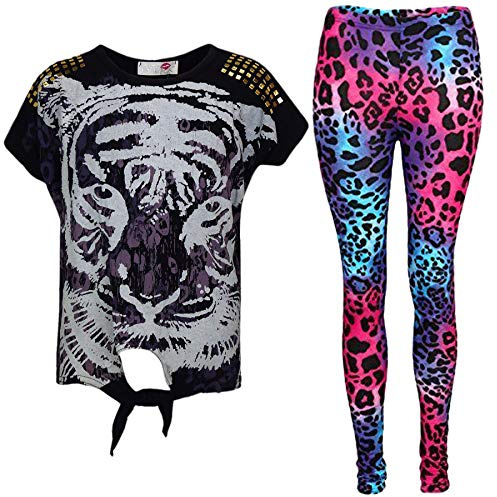 A2Z 4 Kids Girls Tiger Face Trendy Top T Shirt look Leopard Leggings Casual Trendy Activewear For School Play Everyday Party Wear Comfy Kids Outfit Set Age 7-13