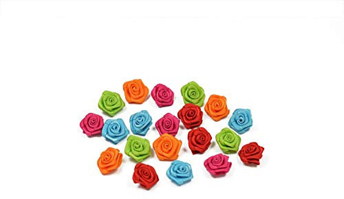 Rosen 15 mm x 20 Stück Satinrosen Aufnäher Deko Blumen Röschen zum Basteln Haarschmuck kleine Rosenköpfe Farbe: MIX-BU/orange rot fuchsia türkis hellgrün