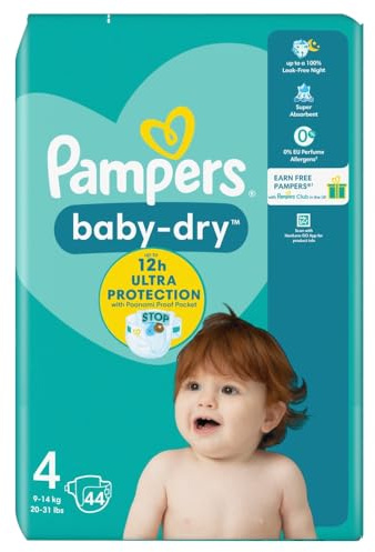 Pampers Baby-Dry Größe 4, 44 Windeln, 9-14 kg, Essential Pack, Luftkanäle für atmungsaktive Trockenheit über Nacht