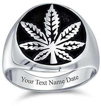 Unisex Cannabis Weed Schmuck Marihuana Blatt Medaillon Flache Runde Signet Marihuana Blatt Ring Western-Schmuck Für Männer Oxidiert .925 Sterling Silber Handgefertigt In Der Türkei Brauchizable