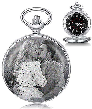 jewel Montre Poche Personnalisée avec Photo et Texte Gravure Montre Vintage Montre Poche Lisse Montre Classique pour Homme Femme Cadeau pour Anniversaire Anniversaire Fête des Pères (Argent)