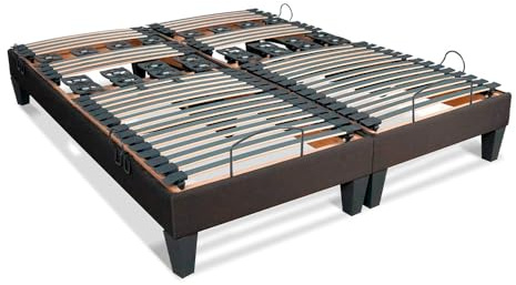 BELLECOUR Sommier Électrique 160x200 cm (2x80x200 cm) à Lattes et Plots avec tête, Buste & Pieds relevables et télécommande Filaire - Modèle Rochereau Fabriqué en Europe