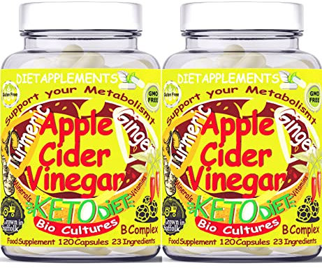 2 Bottles (240 Capsules) Raw Unfiltered Apple Cider Vinegar with The Mother, Turmeric 1400mg, Ginger, Black, Cayenne Pepper, Bio Cultures. 2775mg/serving. Metabolism Vitamins & Minerals Complex. (2)
