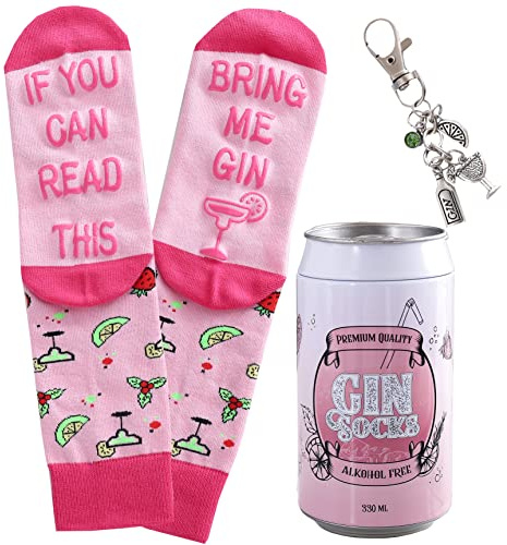 Gin-Socken EN (37-42) mit Gin Schlüsselanhänger in einer Design-Dose, Geschenke für Frauen und Männer, If you can read this, bring me Gin, Geburtstagsgeschenk (Rosa)