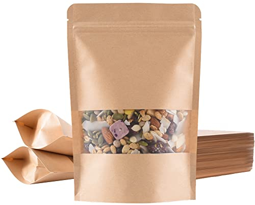 Miorkly 100pcs Paper Bags - Resealable, Waterproof Brown Kraft Bags With Window (14x20cm) - Suitable For Dried Fruit, Coffee, Tea, Seeds