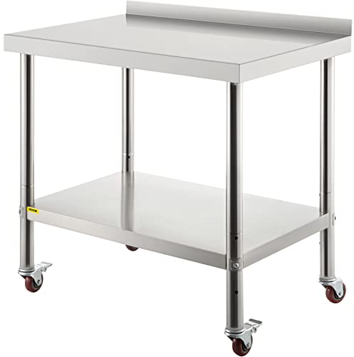 VEVOR Stainless Steel Prep Table, 36 x 24 x 35 Inch, 440lbs Load Capacity Heavy Duty Metal Worktable with Backsplash Adjustable Undershelf & 4 Casters, Commercial Workstation for Kitchen Restaurant