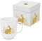 ReWu Kaffeebecher Henkelbecher Becher Ostern Osterbecher mit Hasen Motiv in Geschenk Verpackung Porzellan Geschenkidee Osterdekoration Trinkbecher Weiss/Gold 300ml