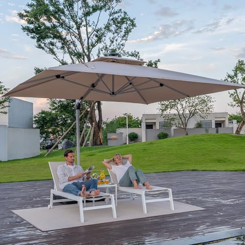 PURPLE LEAF Parasol Déporté Rectangulaire 2,7 x 3,65 m avec LED, Parasol De Jardin Extérieur Toit à Double Rotatif 360°, Parasol Excentré Inclinable, Parasol Terrasse Extérieur, Beige
