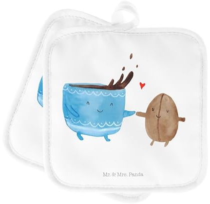 Mr. & Mrs. Panda 2er Set Topflappen Kaffee Bohne - Geschenk, Zufriedenheit, Kaffeebohne, Glück, Topfhandschuh, Topflappen 2er Set, Tiere, Gute Laune,