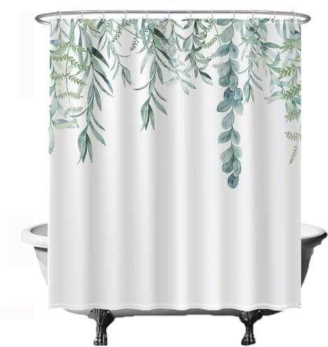 Ulticool Rideau de Douche - Feuilles Plante Suspendue Nature - 180 x 200 cm - Lavable - Anti-Moisissure - avec 12 Anneaux - Blanc Vert