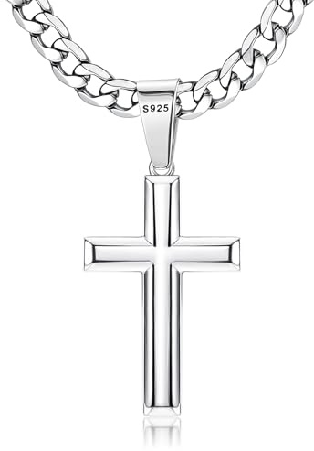 Besteel 925 Sterling Silver Cross Necklace for Men Women - 5mm 316L Stainless Steel Cuban Link Chain - Religious Baptism Easter Spring Cross Pendant Simple Faith Jewelry 22 Inches