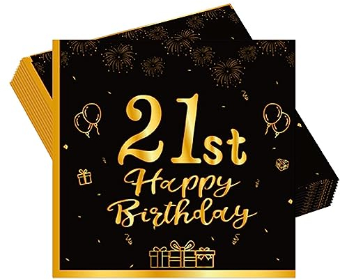 Schwarz Gold 21. Geburtstag Party Servietten 20 Stück 21. Geburtstag Deko Servietten mit Hochwertige Papier 33x33cm Geburtstagsservietten für Manner Frauen 21. Geburtstag Party Tisch-Dekoration