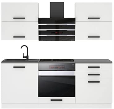 Belini - Blocco cucina Emily, mobili da cucina, 180 cm, senza elettrodomestici con pensili e armadi, con controsoffitti, colore: Bianco opaco