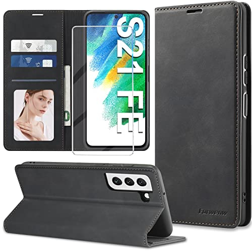 【𝟐𝟎𝟐𝟐 𝐍𝐄𝐖】Klapphülle für Samsung Galaxy S21 FE Hülle Leder mit Schutzfolie [3 Kartenfächer] Handyhülle für Samsung Galaxy S21 FE 5G Hülle Leder Wallet Klappbar Stoßfest Case für Samsung S21 FE