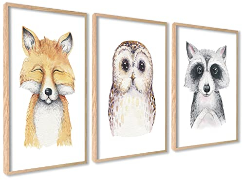 ag.art deco 3er Kinderzimmer Poster | 3 Stück 40x50cm | Wanddeko Fuchs Eule Waschbär Porträt | Mädchen und Junge Bilderset | ohne Rahmen