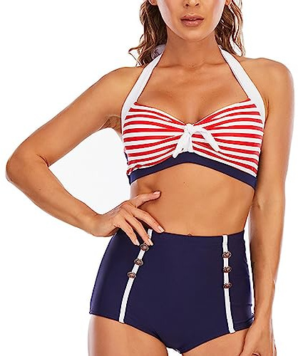 Skrsila Damen Bikini Set High Waist Neckholder Badeanzug Bauchweg Vintage Gestreift Bademode Zweiteiliger Badeanzüge