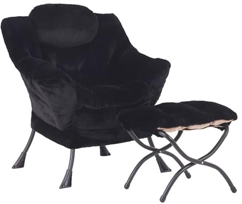 SESHINELL Armchair with Ottoman, Comfy Upholstered Lounge Reading Chair with Side Pocket and Armrests, Modern Bedroom Lazy Chair and Footstool Set for Living Room, Black