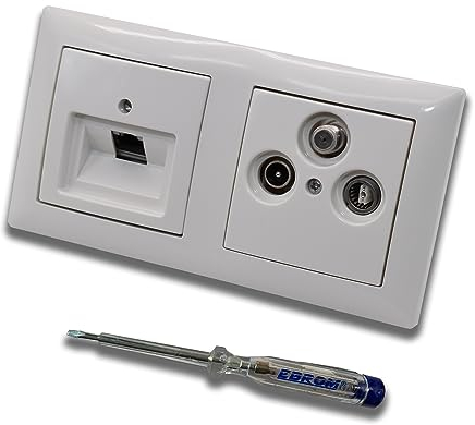 Busch Jäger, Rutenbeck Unterputz Netzwerkdose 10 Gigabit/S (10GbE) KAT6A 6A 1xRJ45 Anschluss + WISI TV SAT RADIO 3Loch Dose im BJ BalanceSi alpinweiß Design + EBROM Phasenprüfer z. Montage d. Geräte
