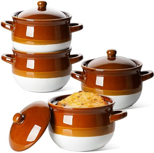 LE TAUCI French Onion Soup Crocks with Handles & Lid, 22 Ounce Ceramic Soup Bowls for Soup, Chili, Beef Stew, Set of 4