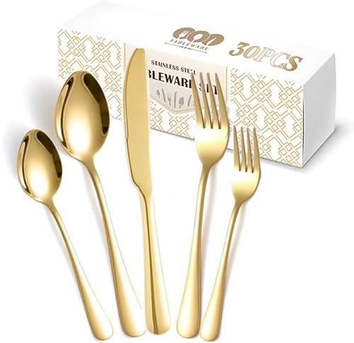 Couverts de Table 30 Pièces, Ménagère en Acier Inoxydable pour 6 Personnes, Ensemble de Couverts Polis Miroir, Couteau, Fourchette, pour Mariage, Restaurant, Fête, Lavable au Lave-Vaisselle, Dorée