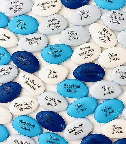 Dragées chocolat personnalisées avec votre texte 400g - Variation de bleu et blanc - pas cher - environ 150 dragées 71% de cacao - Fabrication artisanale en France