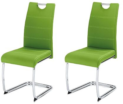 KHG 2er Set Esszimmerstühle Schwingstuhl Polsterstuhl Küchenstuhl Kunstleder Grün - Design Stuhl Sitzhöhe 48 cm - Freischwinger mit integriertem Griff, für Büro Küche Wohnzimmer