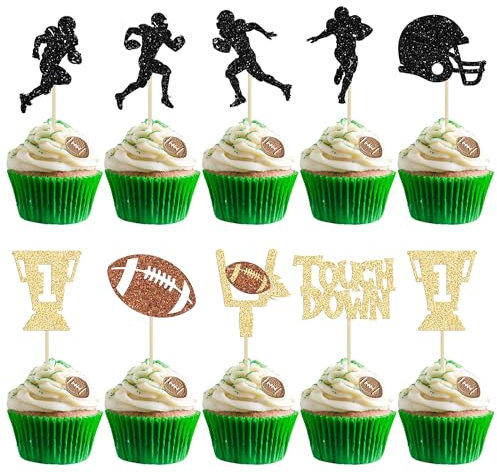 24Pcs Rugby Ball Cupcake Toppers Glitter Trophy American Football Cupcake Picks Touchdown Player Cake Decorations for Super Bowl Rugby Sports Theme Baby Shower Kids Birthday Party Supplies