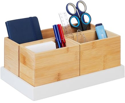 Relaxdays Bambus Organizer, 4-teiliges Set, Schreibtischutensilien, Kosmetik, für Büro, Bad, Ablageschale, Natur/weiß