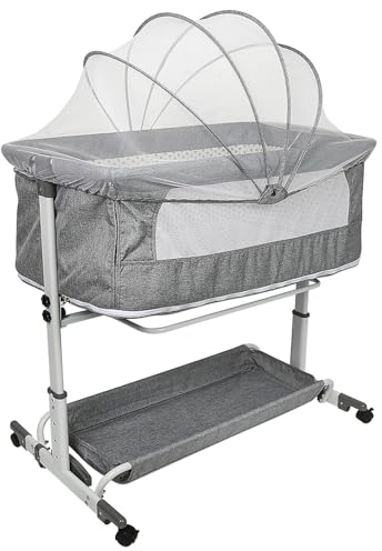 MENGDA Lit bébé, Lit Cododo, Berceau Bébé avec Matelas et Moustiquaire, lit de Voyage avec Roues, Hauteur Réglable 74-90 cm (B Gris)