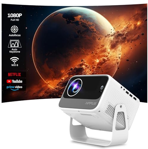 HIPPUS [Auto Focus/Keystone] Bulit in APPS Smart Projector 4K Supported with Android 9.0 1080P Native 500 ANSI, Ceiling Projector with WiFi 6 and Bluetooth Object Avoidance, and Screen Adaption（White）