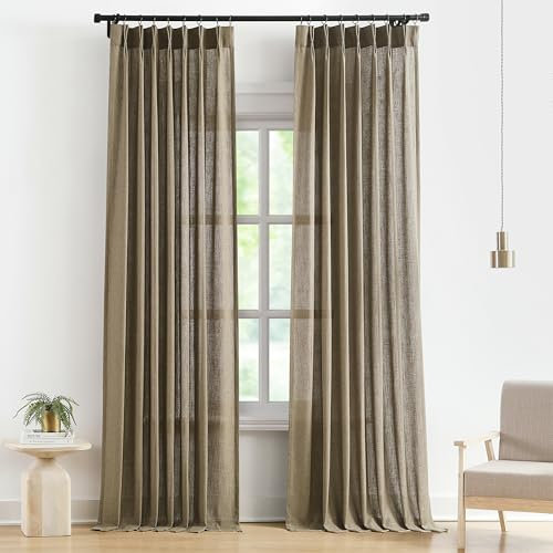 Vision Home Braune Plissee-Vorhänge, halbtransparent, strukturiertes Leinen-Mischgewebe, lichtfilternd, Wohn-, Schlafzimmer, Quetschfaltenvorhänge mit Haken, 2 Paneele, 2,7 m x 101,6 cm B x 274,3 cm L