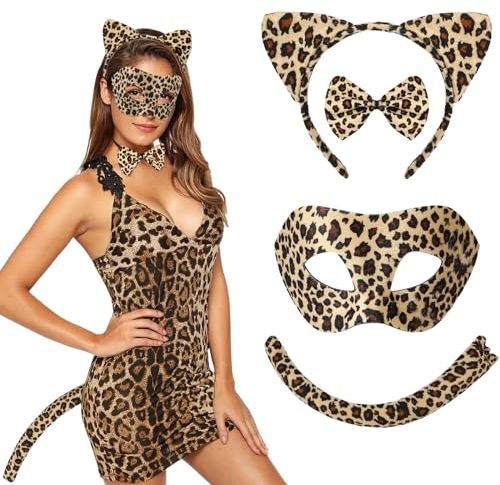 Hifot Leoparden Kostüm Set - 4 STK Ohren Haarreif, Schwanz, Maske und Fliege - Tier Zubehör für Damen und Kinder - Cosplay, Halloween, Karneval, Thema Party