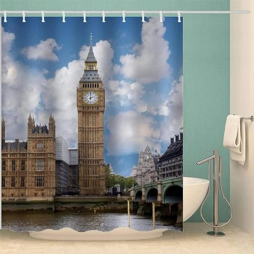 Duschvorhang 120x180 cm London Anti Schimmel Shower Curtains Big Ben Duschvorhänge Textil Waschbar Wasserdicht Bad Vorhang Für Badezimmer Badewanne, A4477