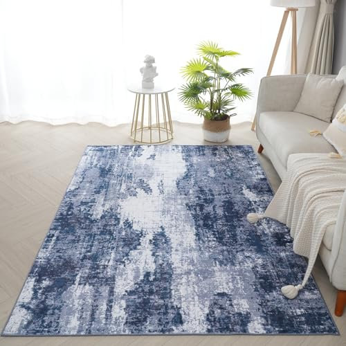 Xfrog Washable Rugs Small Non Slip Abstract Area Rugs Modern Carpet for Living Room Soft Short Pile Floor Carpet Washable Rug Navy Grey Door Mat for Entrance Kitchen Bathroom Hall 80x150CM