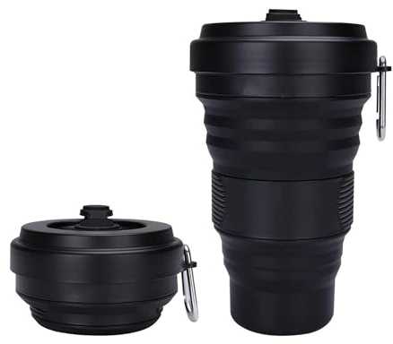 Kaffeebecher Faltbarer Becher,550ML Faltbecher Silikon, Reisebecher mit Deckel, Faltbarer Wasserbecher mit Auslaufsicherem, Tragbares Becher für Picknick, Camping, Wandern, Reisen (Schwarz)