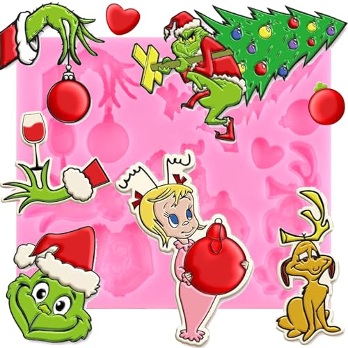 XMOLDNMS Merry Christmas Fondant Mould Funny Cartoon Character Silicone Moulds Green Hand Xmas Tree Mould for Cake Decorating Cupcake Topper Chocolate Candy Gum Paste Polymer Clay