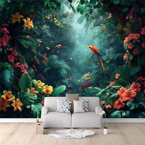 Fantasy Rainforest Forest Theme Photo Wallpaper - 350 x 256 cm Non-Woven Premium Fleece Wall Mural - Exotic Flowers and Parrots Art Print Bedroom Living Room Decoration Poster