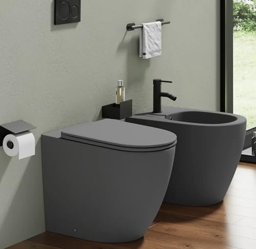 DOMUS ARREDO - Sanitari filomuro in ceramica grigio opaco vaso rimless con copriwc soft-close e bidet ASIA