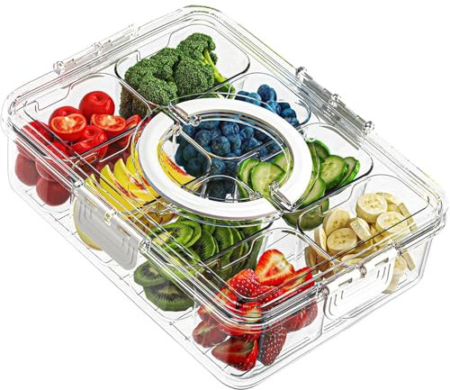 STORICANS Snack Tray Snackle Box Container, 2 Pack Divided Serving Tray with Lid and Handle 8 Compartments Snack Box, Portable Clear Snack Organizer for Travel Party and Picnic Charcuterie Storage